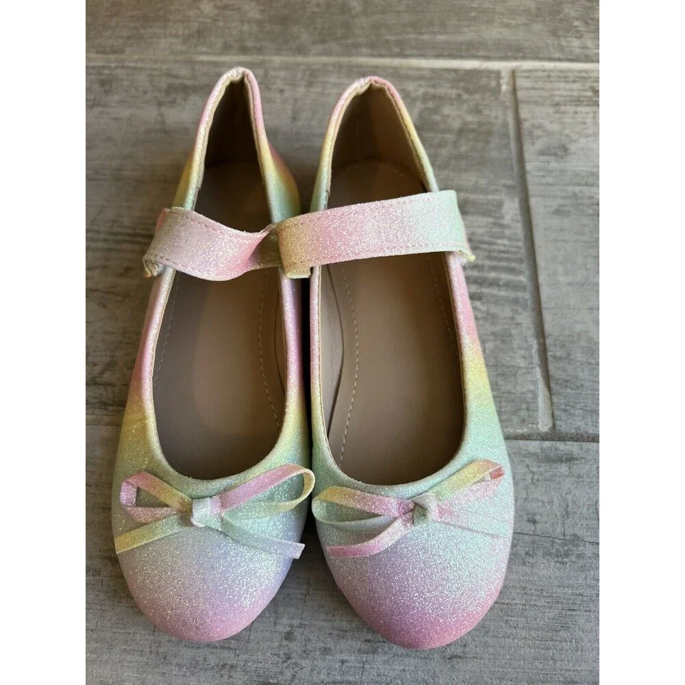 Girls Rainbow Glitter Shimmer Ombre Mary Jane Shoes Bows Flats Ballet EUR 30 12